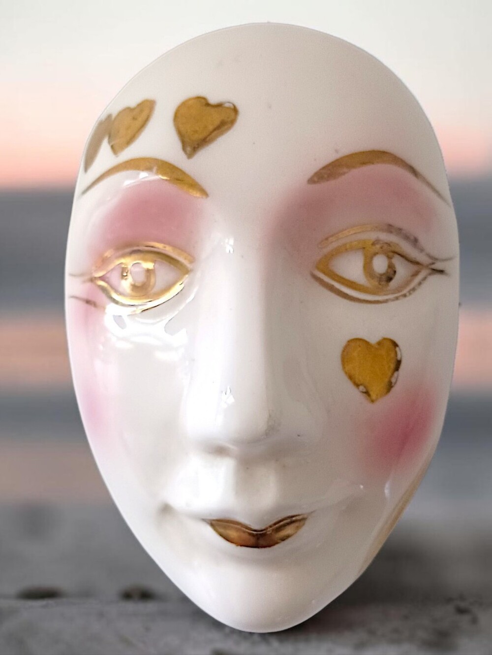 Vtg Venetian Mask Face Trinket Box Lady Face Carnival Hearts Surrealist Vanity